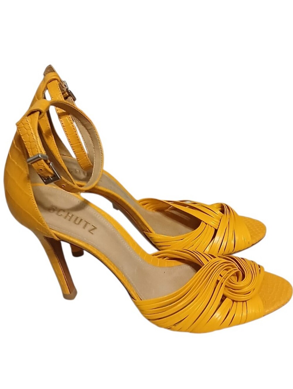 Schutz | Mary Gold Leather Croc Embossed Strappy Peeptoe Heeled Sandals Size 10 - Picture 8 of 13